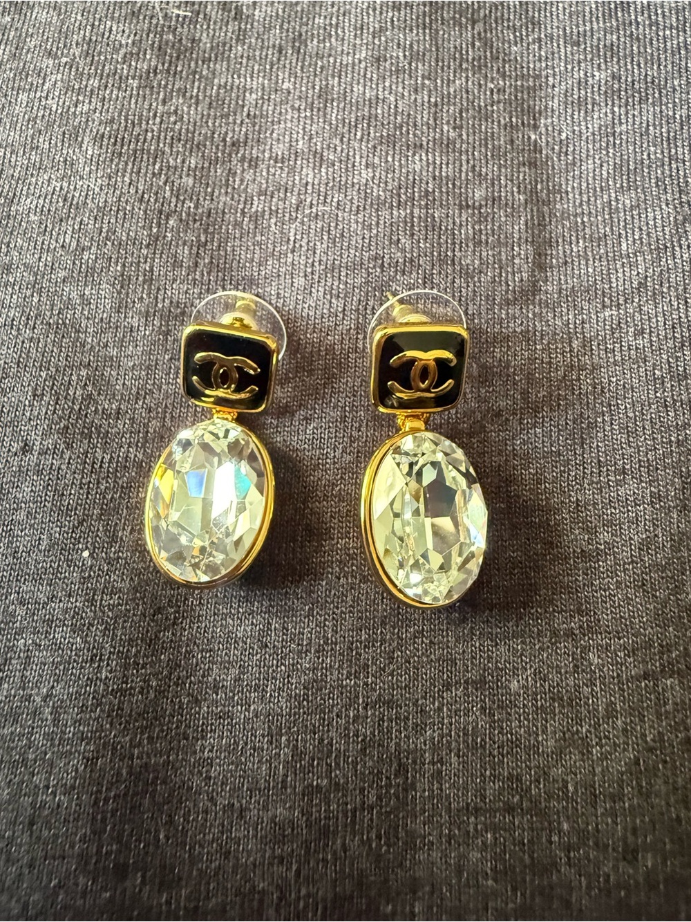 Gold-Tone Drop Earrings with Black Enamel Logo and Clear Crystals